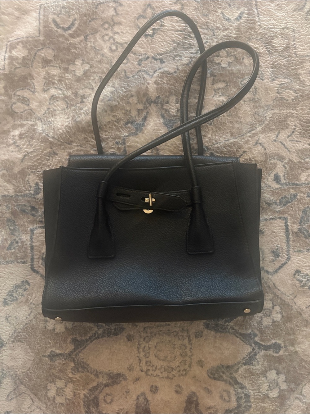 Zara Black Leather Structured Tote with Gold Turn-Lock